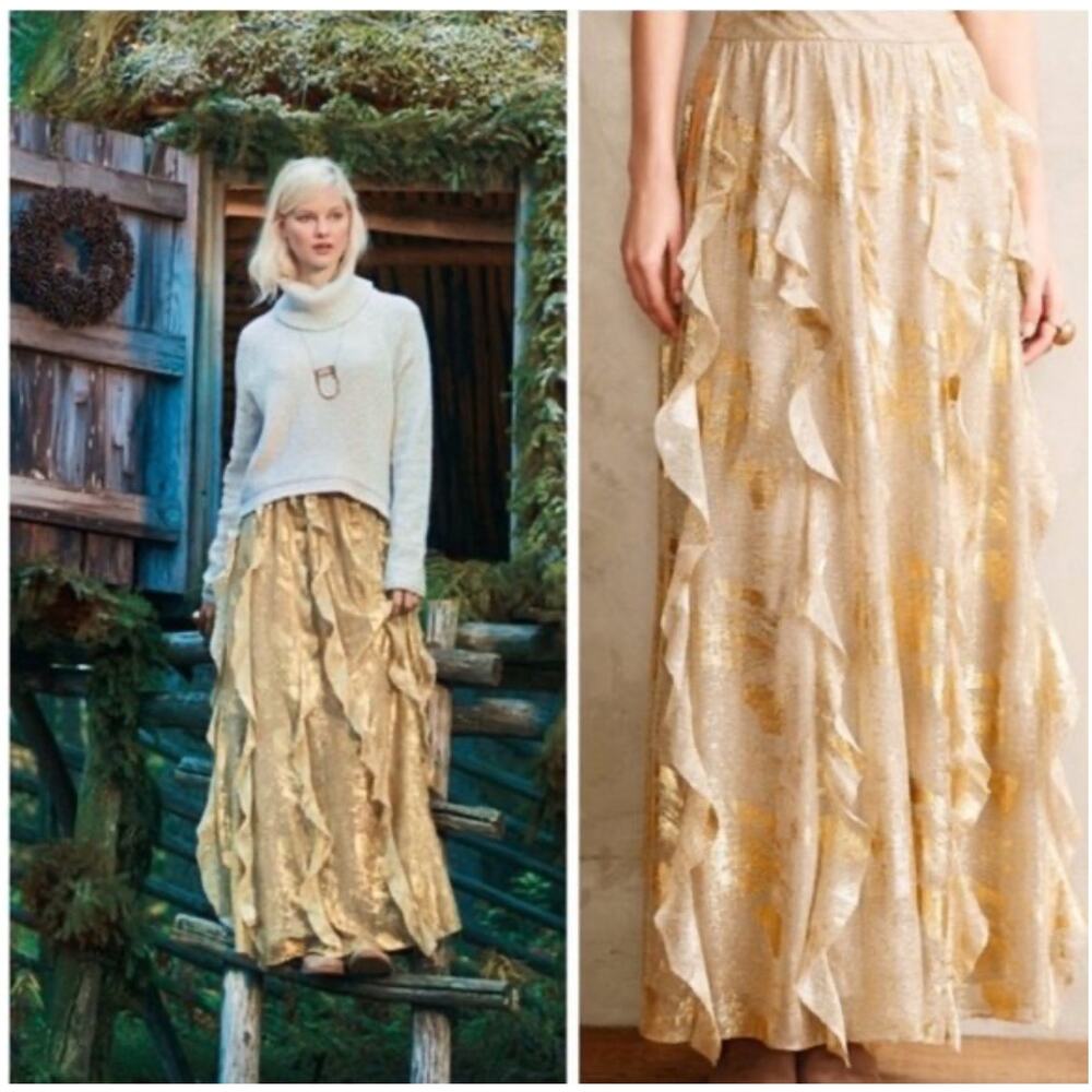 Anthropologie Moulinette Soeurs Fallen Star Gold Ruffle Maxi Skirt Size 2 Boho